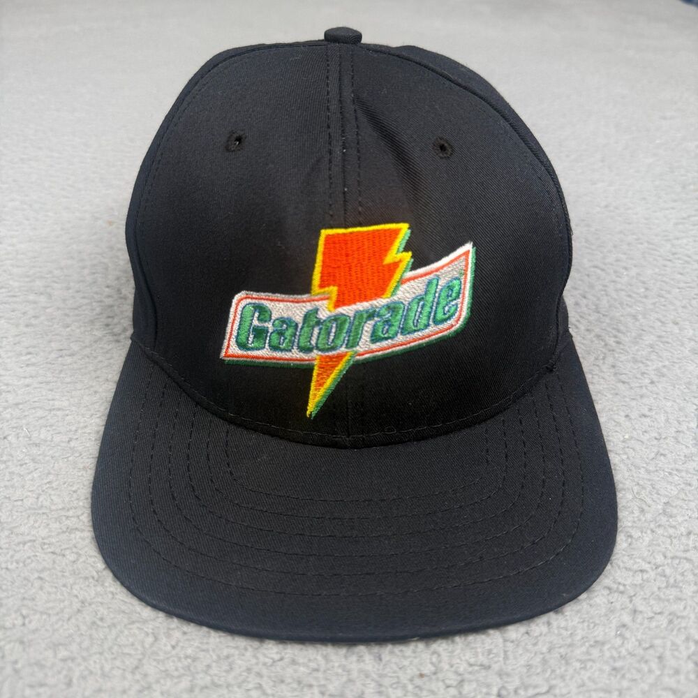 Vintage 90s Gatorade Hat Cap Black Strapback Lightning Bolt‎ Logo Union Made USA